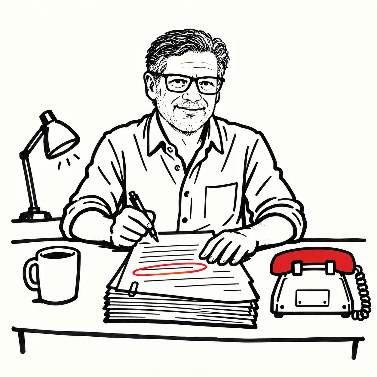 A consultant with glasses at a desk, pen in hand over a stack of contract pages with one line circled in red, beside a red telephone, a lamp and a mug.