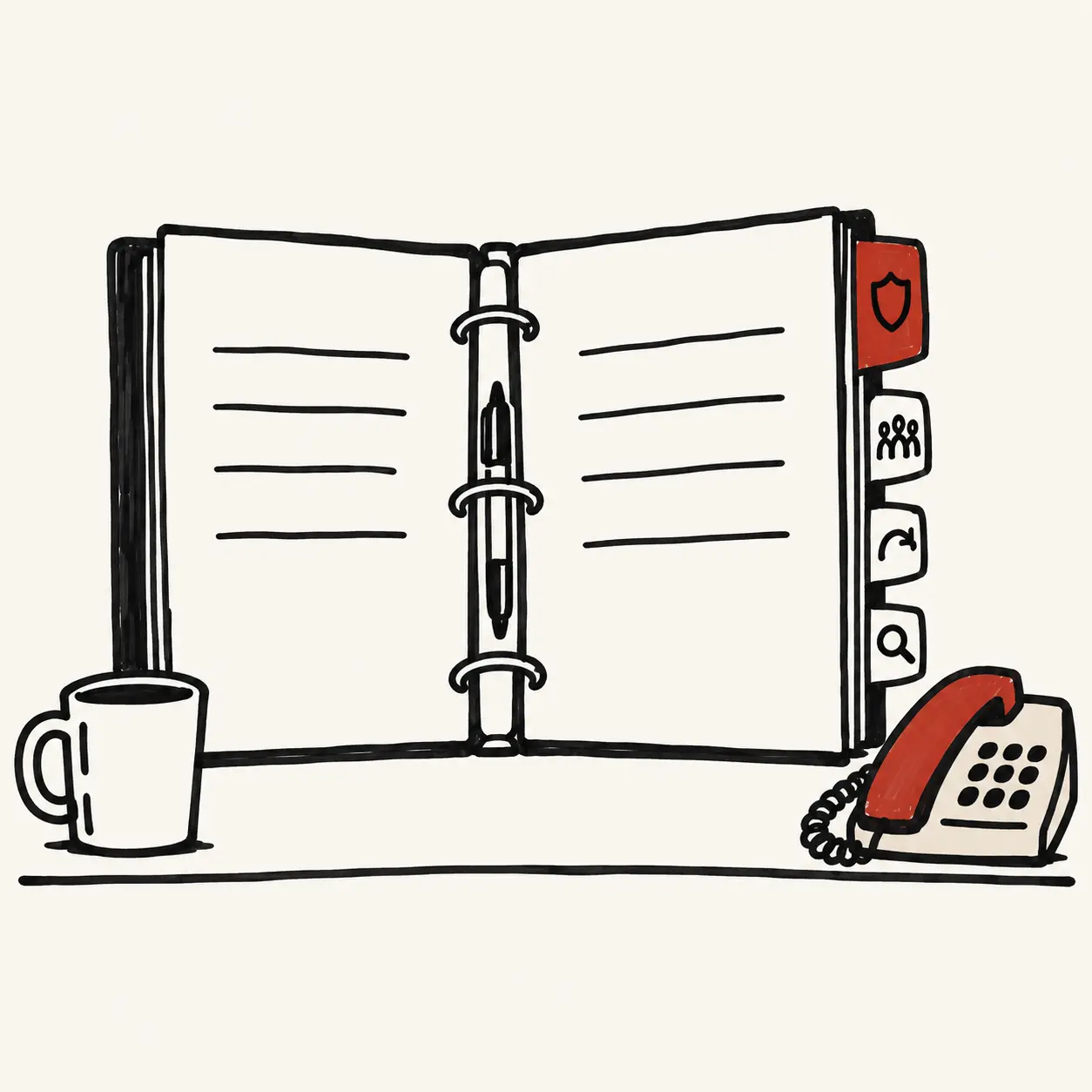 An open three-ring binder on a desk with four divider tabs, the first one marked with a red shield, next to a desk phone and a coffee mug.