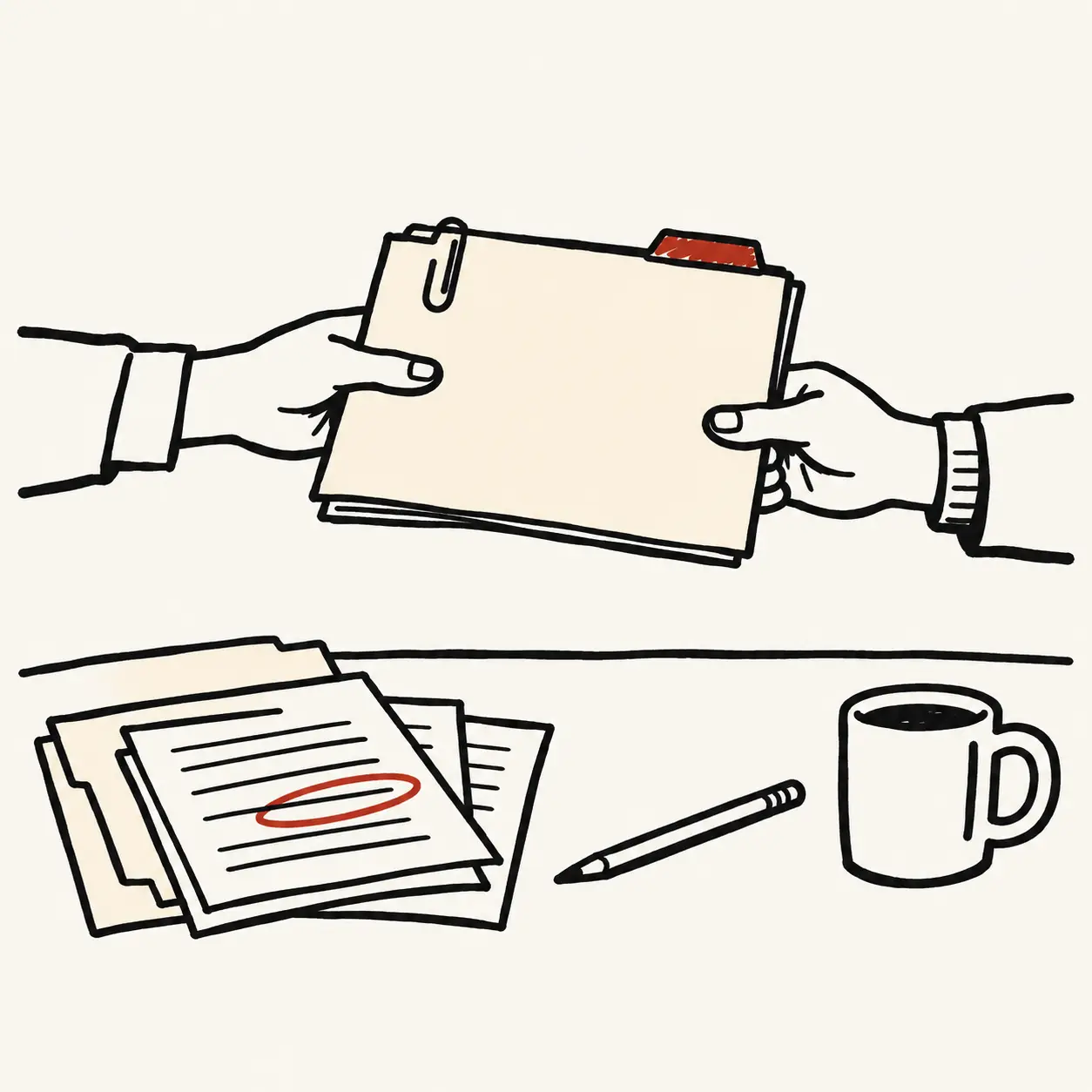 Two hands passing a manila folder across a table, with more folders and loose sheets beside it and one line circled in red.