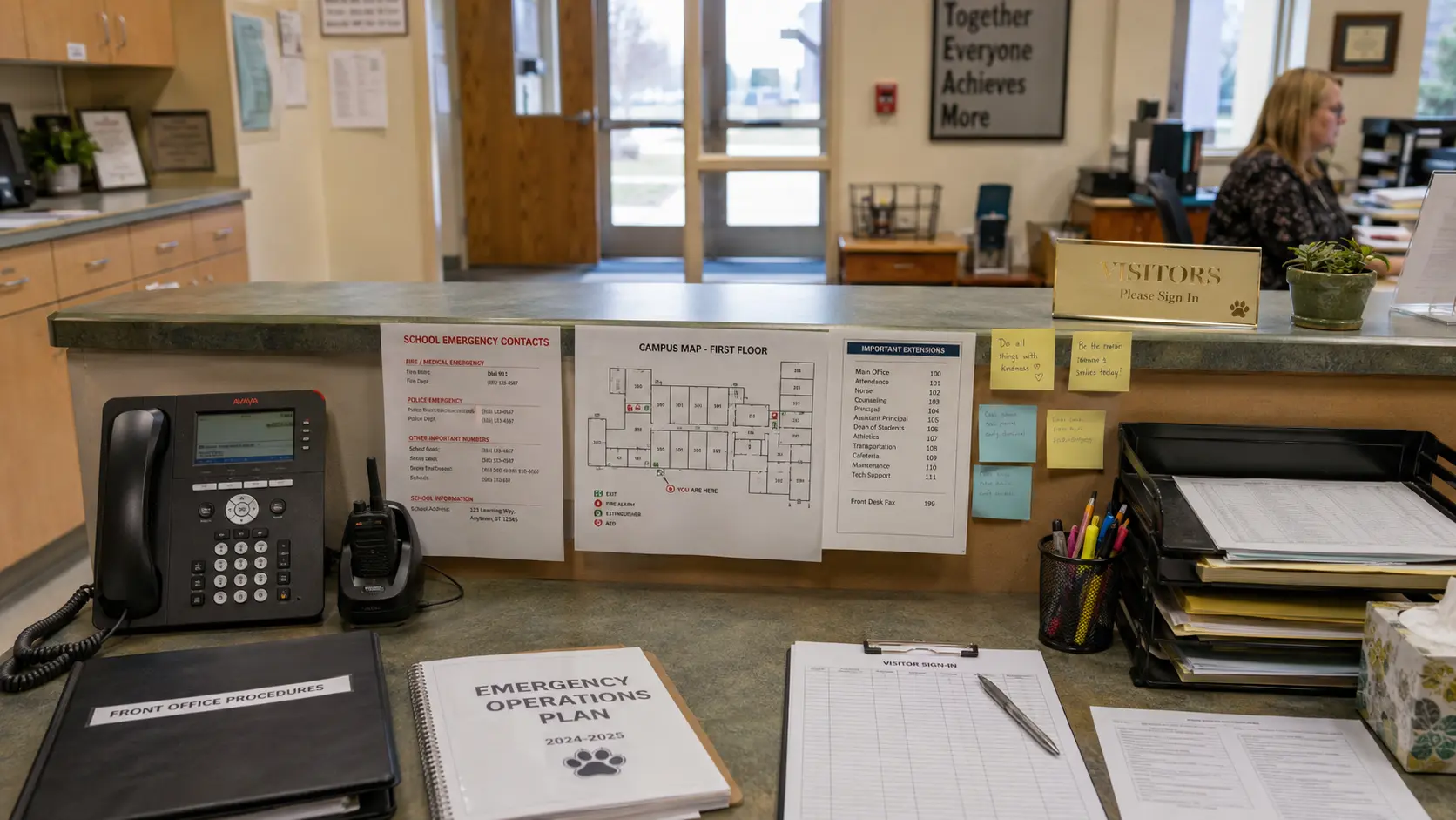School front office desk with phone, emergency contact list, campus map, and extension list.