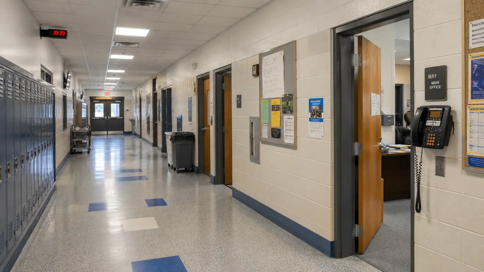 Quiet public school hallway with lockers, classroom doors, notices, and a wall-mounted office phone.
