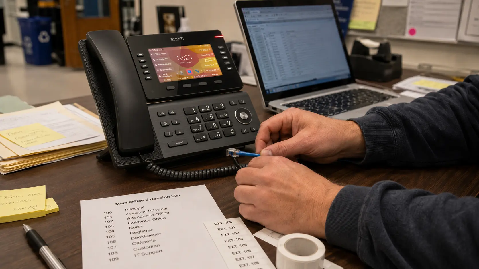 Technician connecting and labeling a modern desk phone in a school office workspace.