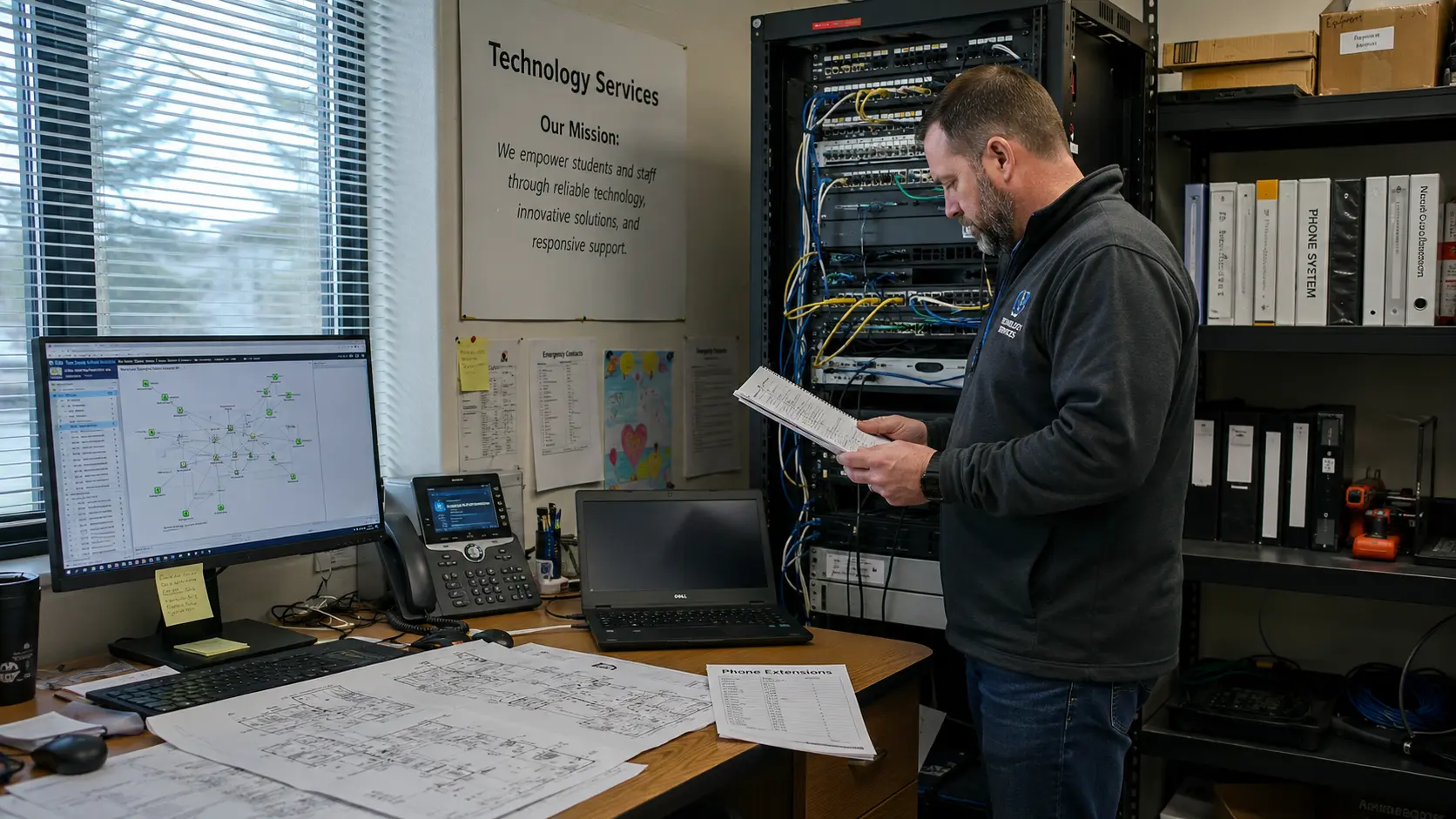 School district technology staff member reviewing phone system notes near a network rack.