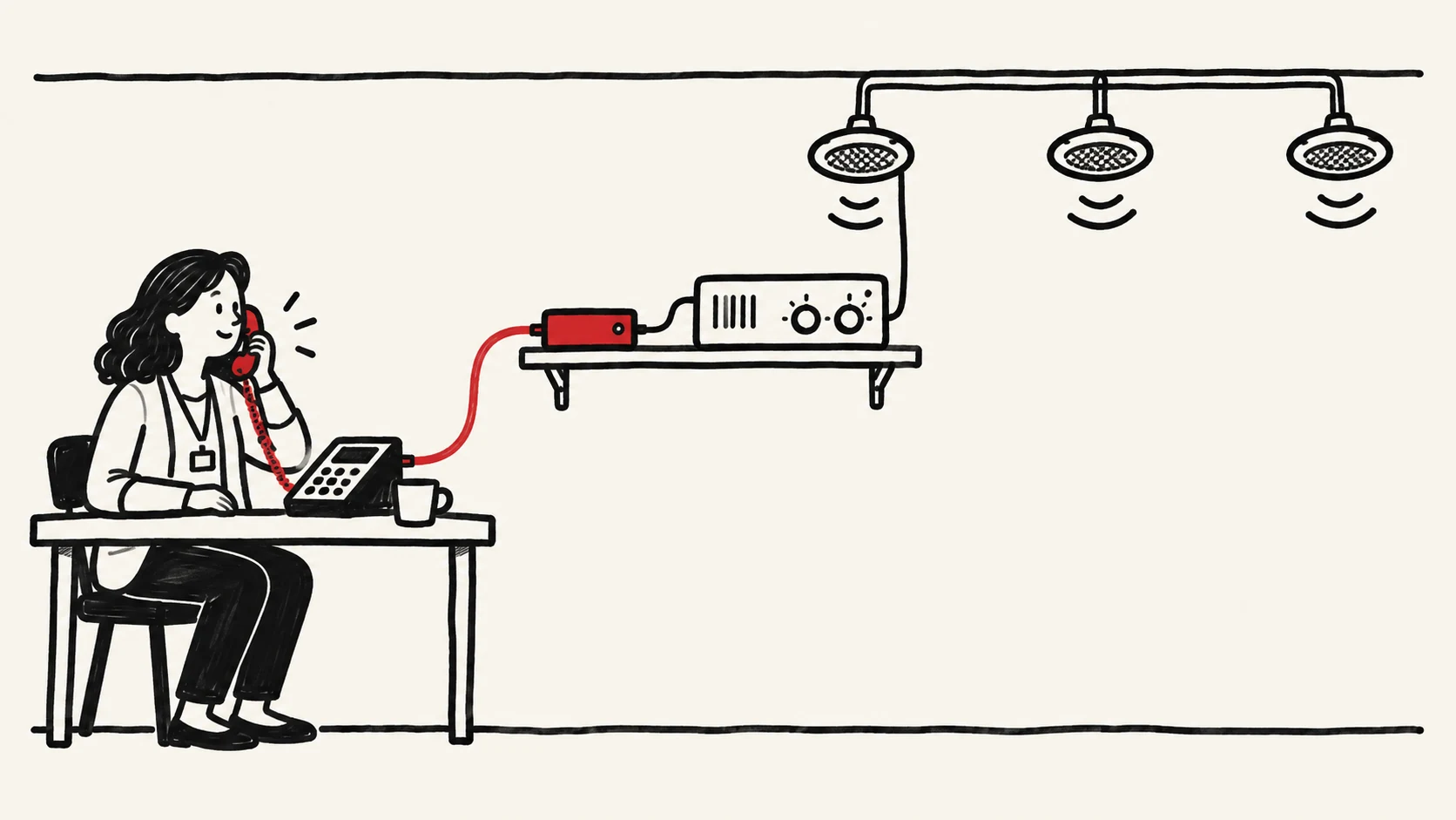 A school secretary on a new phone; a red cable runs through an adapter box to an older amplifier and three ceiling speakers.