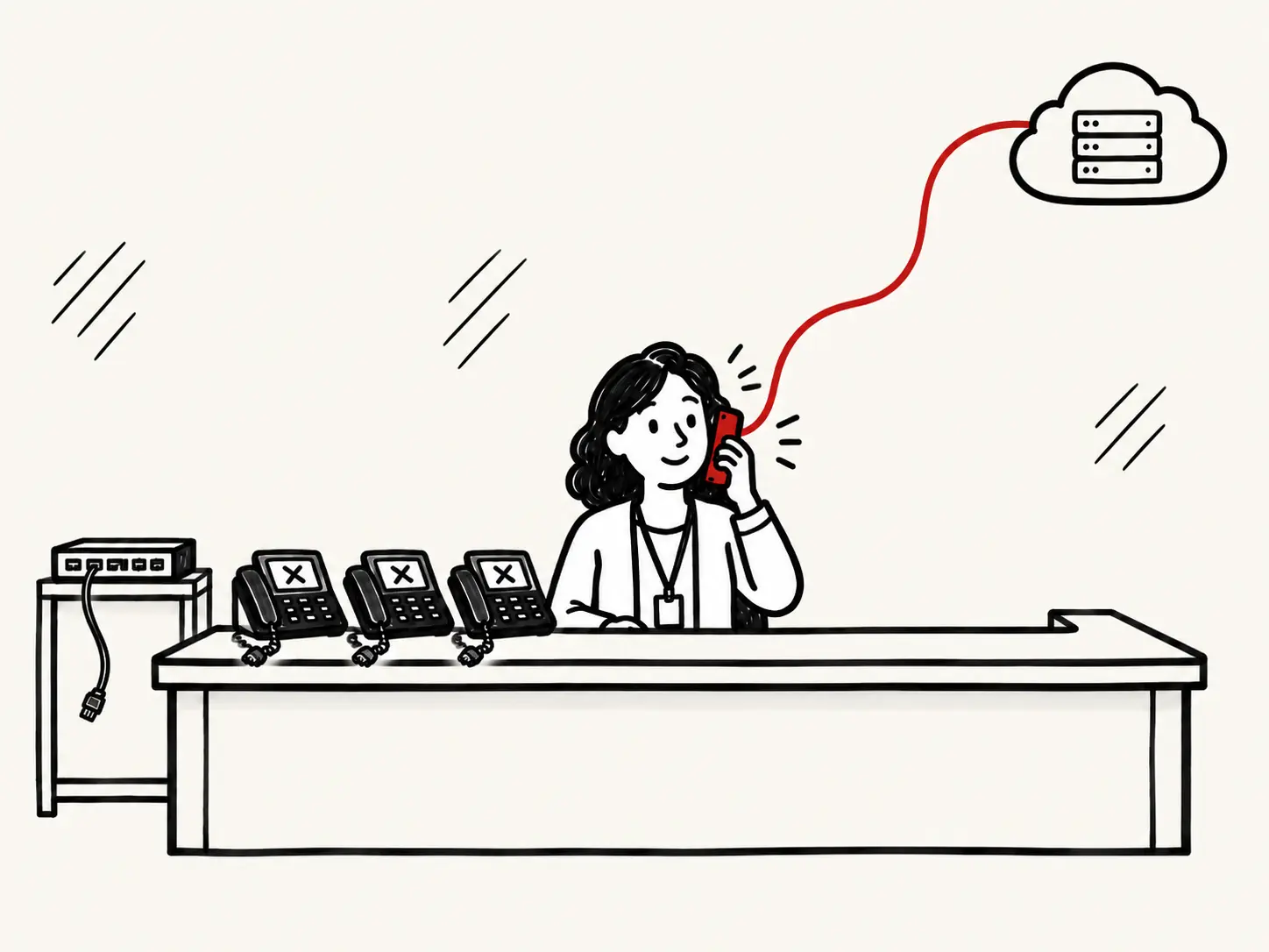 A receptionist calls from a smartphone with a red line to a cloud, while three desk phones on the counter sit dark with X marks.