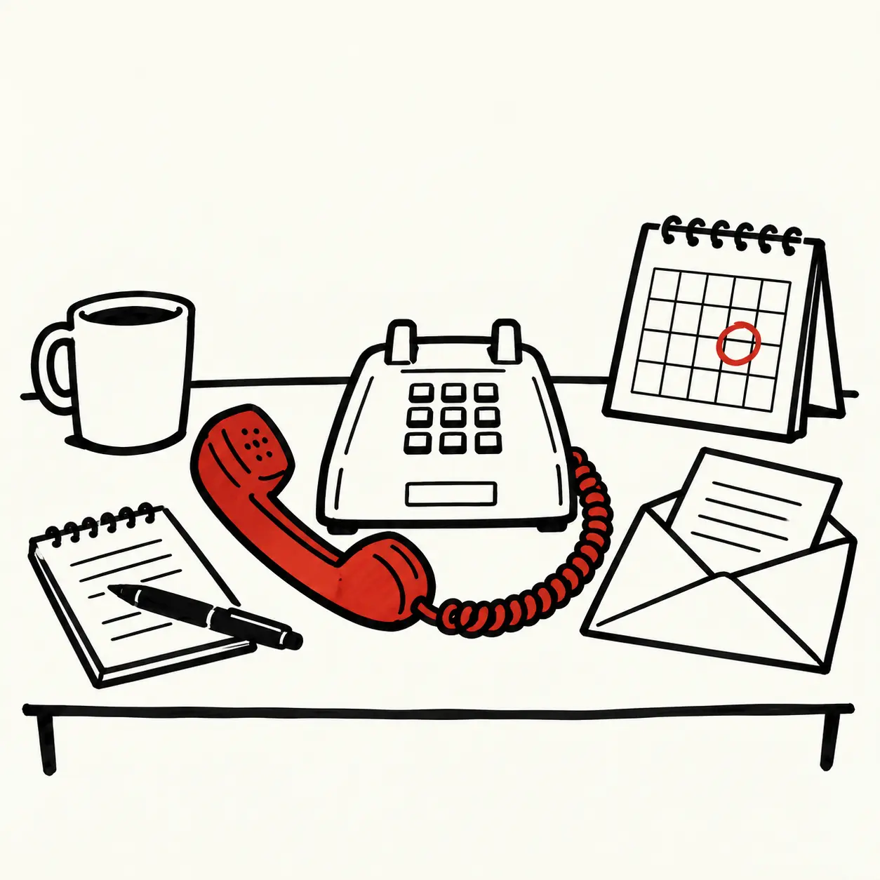 A red desk telephone with its receiver off the hook beside an open envelope, a notepad and pen, and a calendar with one day circled.