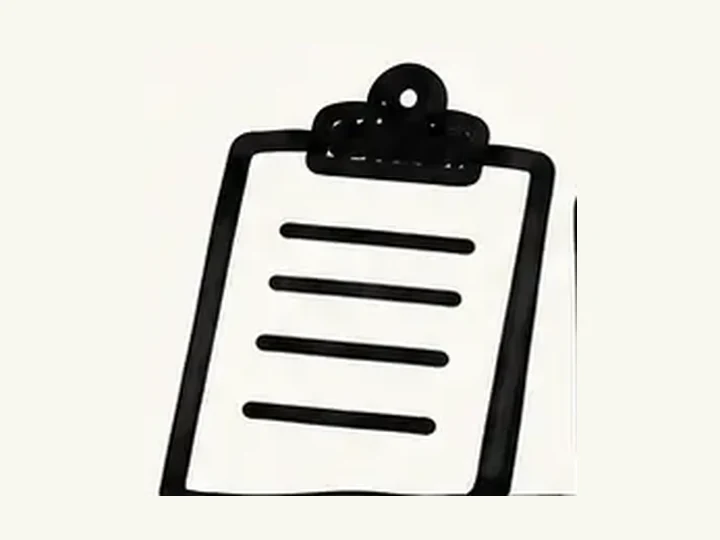 A hand-drawn clipboard with a few lines of notes, standing for the review phase.