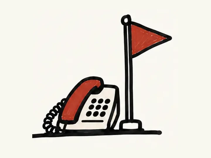 A hand-drawn desk phone with a red receiver beside a red flag, standing for the deploy phase.