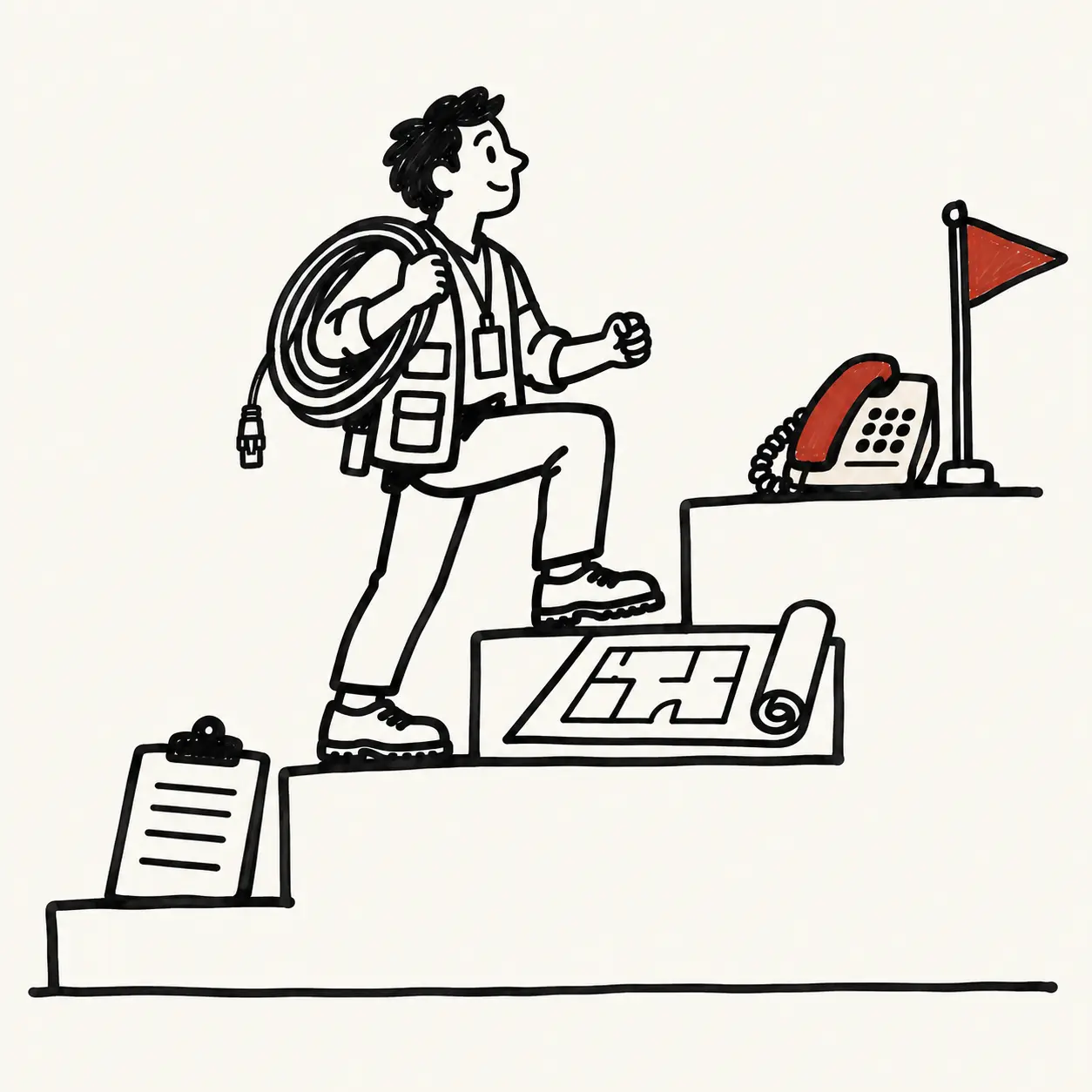 A school IT technician carrying a coil of cable and climbing three steps, with a clipboard on the first step, a floor plan on the second and a desk phone with a red receiver and a red flag on the third.