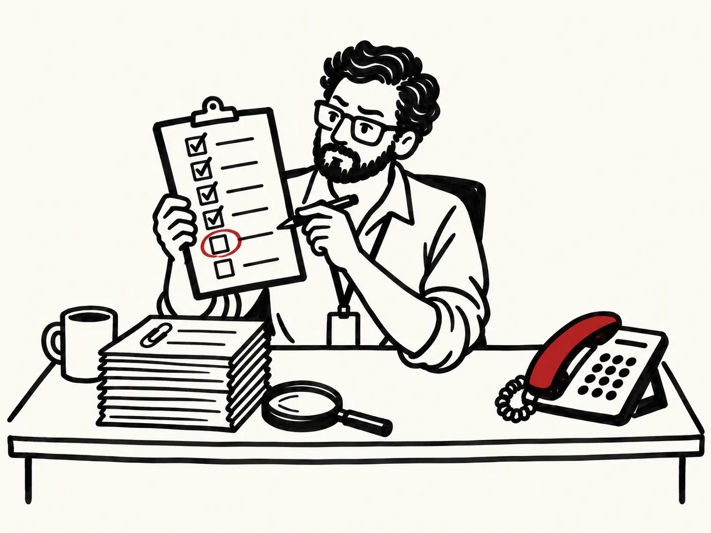 A district technology director at a desk holding a clipboard with six checkboxes, four ticked and one circled in red, beside a stack of bills, a magnifying glass and a desk phone.