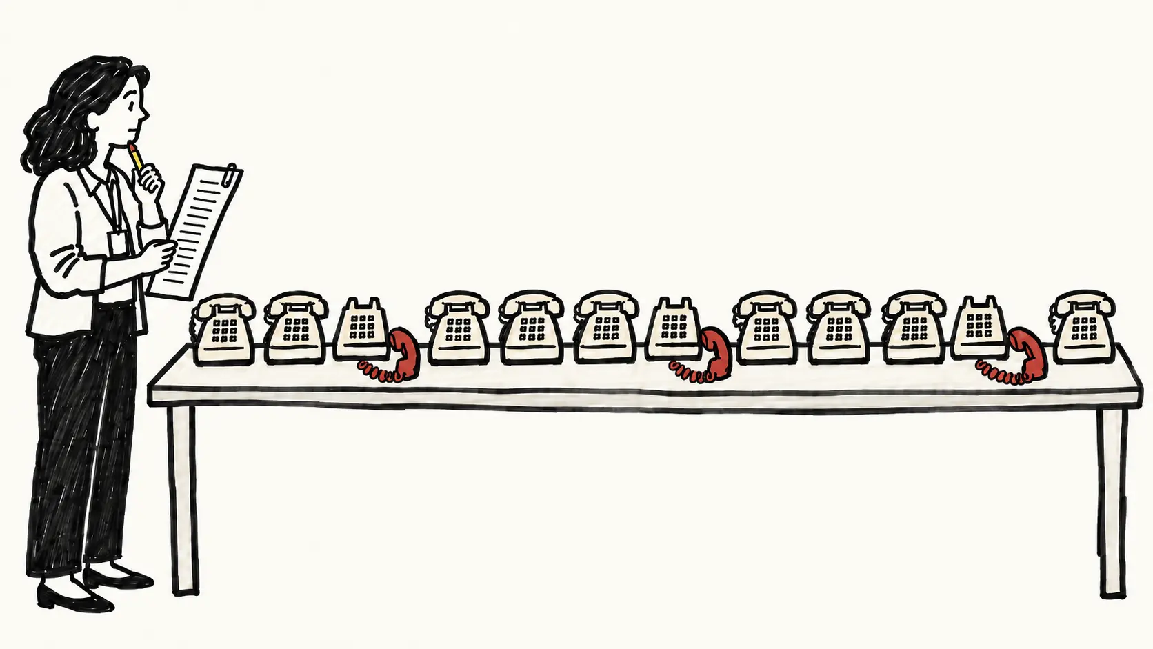 A business officer with a pencil and a long invoice studies a row of twelve desk phones on a counter, three of them with red lifted receivers.