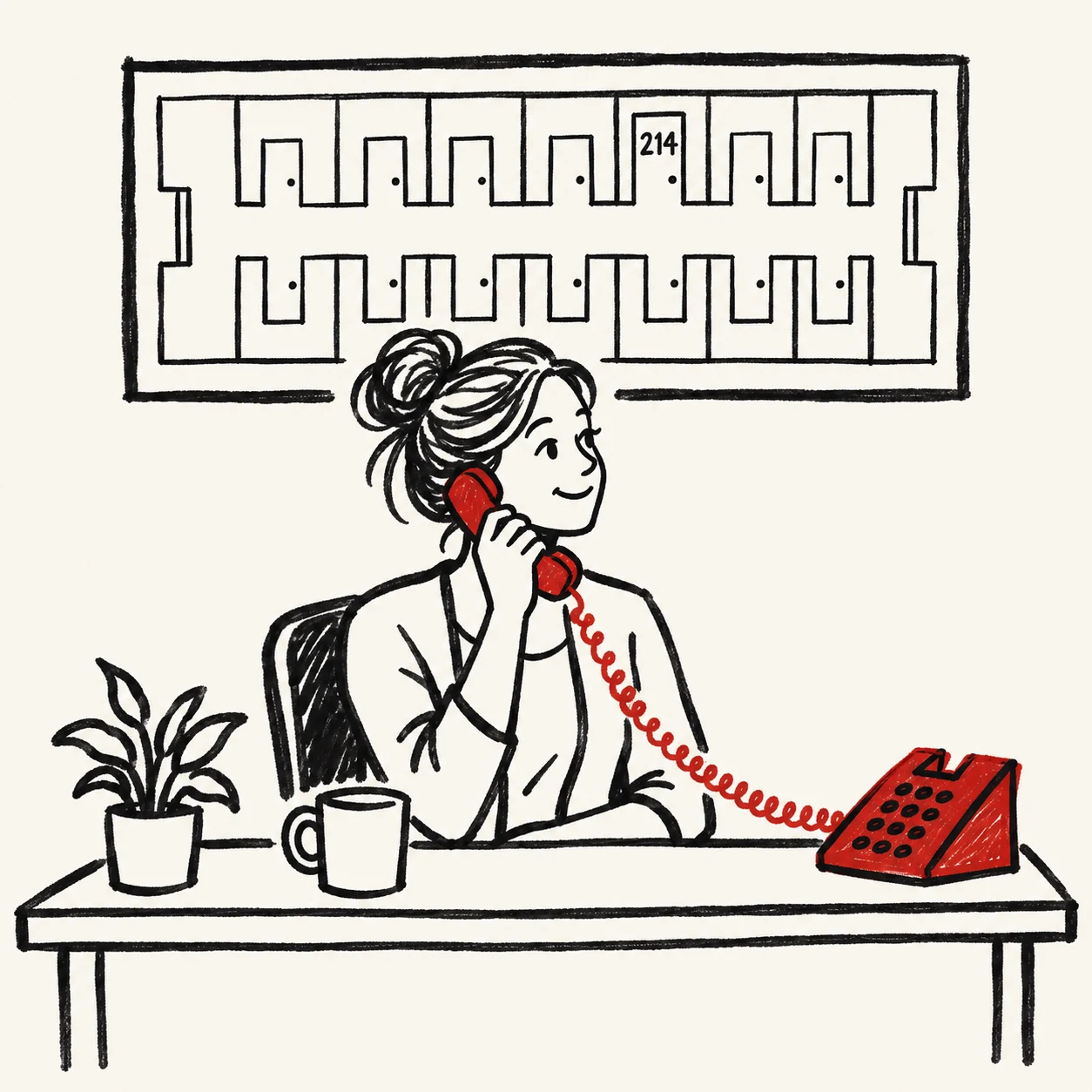 A school office worker on the phone beneath a framed floor plan, with a call being traced to the door of Room 214.